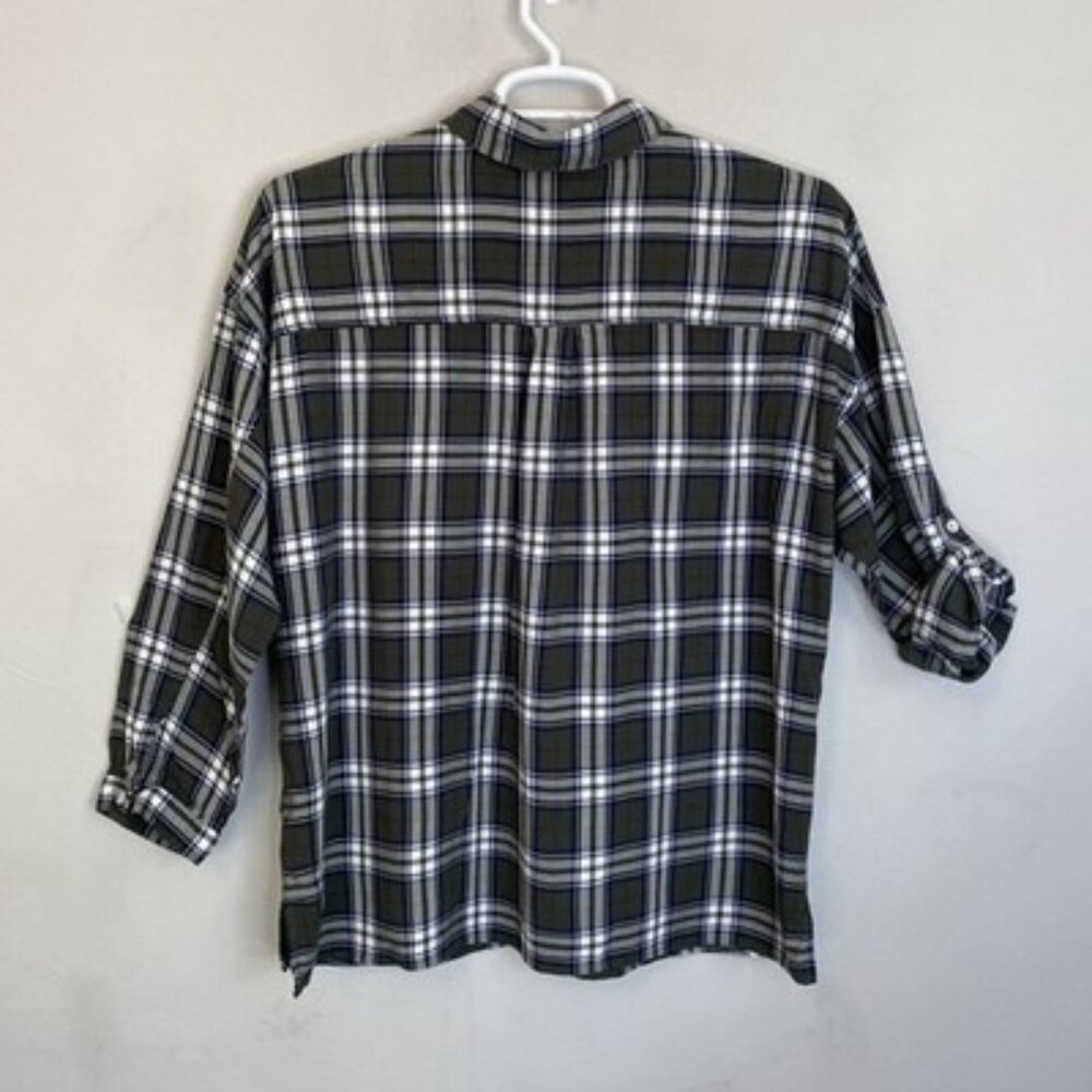 Max Studio Buffalo Plaid Shirt Green & White XL Adjustable Long Sleeves Rayon - Picture 5 of 12